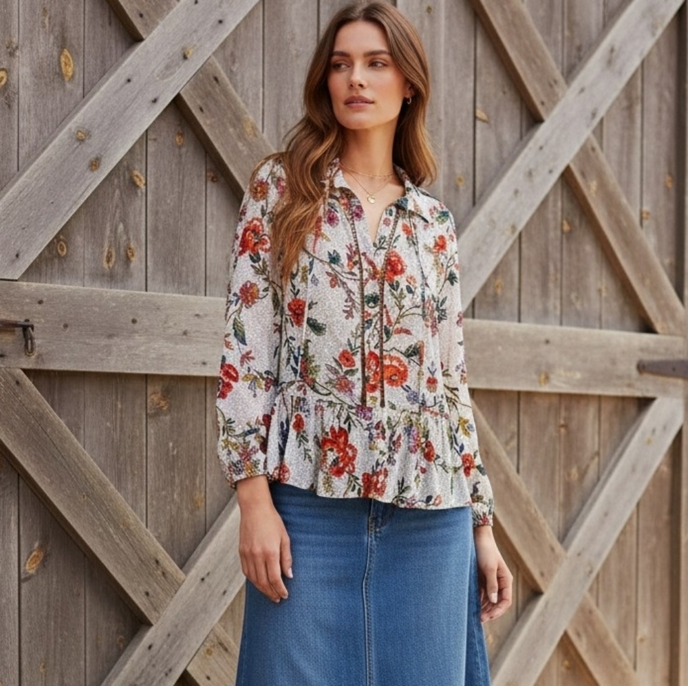 Maeve by Anthropologie Floral Pheasant Top With Peplum Style Bottom